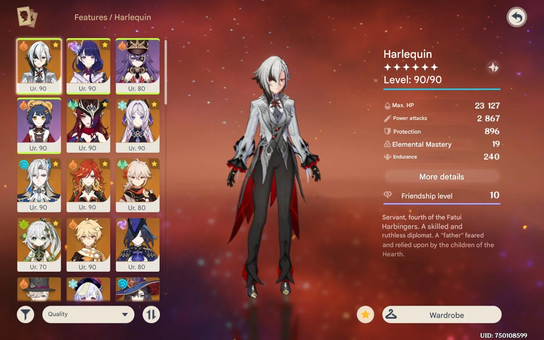 GI991 Harlequino C2 + Signature, Raiden C2 + Signature, Chasca C1 + Signature, Many 5 star Characters & Weapons 